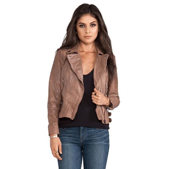 Muubaa Rokel Taupe Leather Biker Jacket Size US 2 - Picture 14 of 16